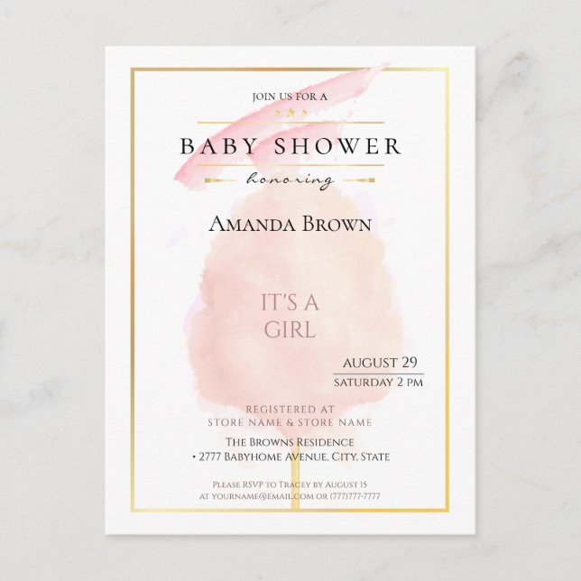 Cute Watercolor Pink Cotton Candy Baby Shower Invitation Postcard (Front)