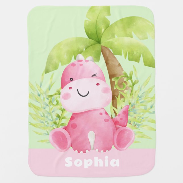 Cute Watercolor Pink Dinosaur Monogram Baby Blanket (Front)