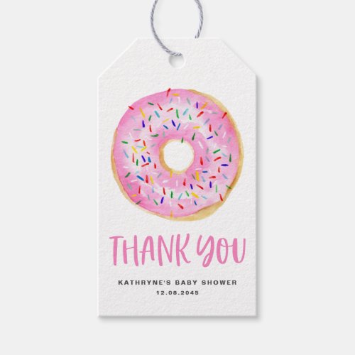 Cute Watercolor Pink Donut Baby Shower Thank You Gift Tags