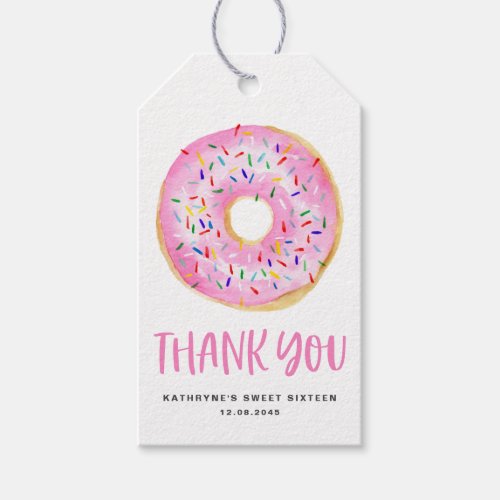 Cute Watercolor Pink Donut Sweet Sixteen Thank You Gift Tags