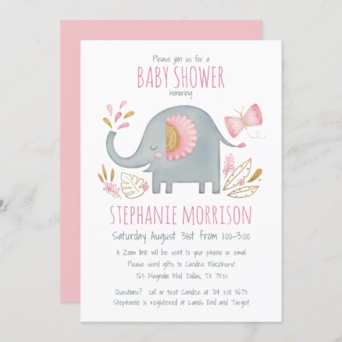 Cute Watercolor Pink Elephant Girl Baby Shower Invitation