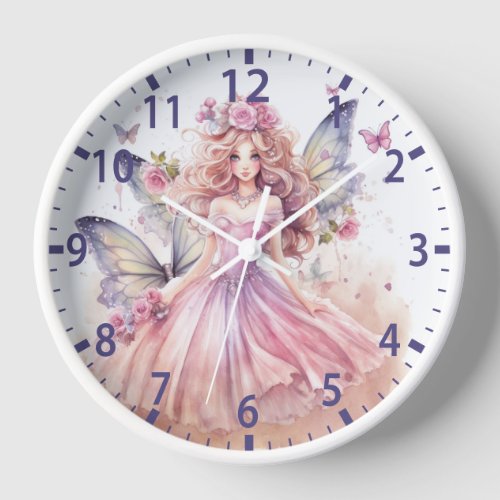 Cute Watercolor Pink Fairy Girly Butterflies Clock