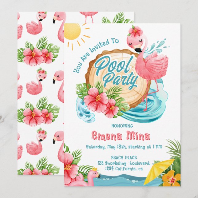 cute watercolor pink flamingo pool party invitation (Front/Back)