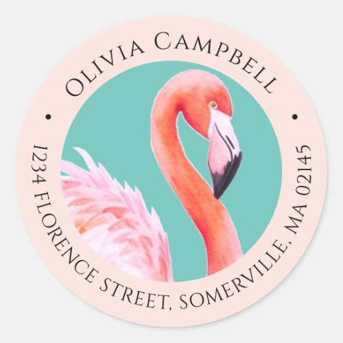 Cute Watercolor Pink Flamingo Teal Address Classic Round Sticker