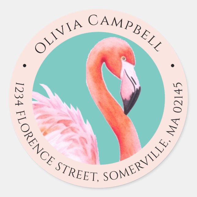 Cute Watercolor Pink Flamingo Teal Address Classic Round Sticker (Front)