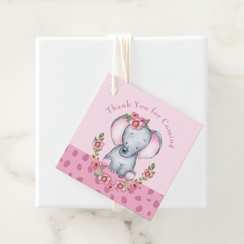 Cute Watercolor Pink Floral Elephant Baby Shower Favor Tags