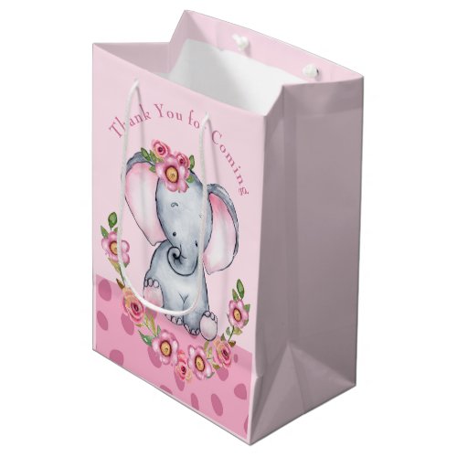 Cute Watercolor Pink Floral Elephant Baby Shower  Medium Gift Bag