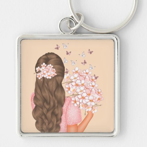 Cute Watercolor Pink Flowers Monogramed for her Keychain