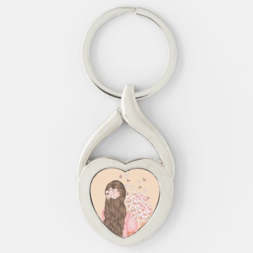 Cute Watercolor Pink Flowers Monogramed for her Keychain