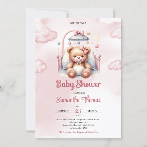 Cute watercolor pink girl teddy bear in crib invitation