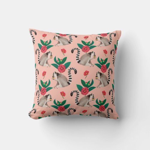Cute Watercolor Pink Lemur Animal Floral Pattern Throw Pillow