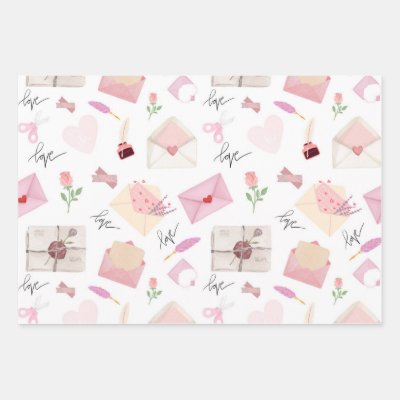 Cute Watercolor Pink Love Letters Seamless Pattern Wrapping Paper Sheets