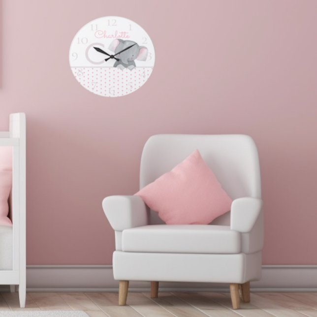 Cute Watercolor Pink Polka Dot Elephant Girly Large Clock (Creator Uploaded)