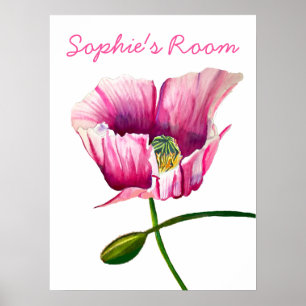 Cute watercolor pink poppy girl's room poster