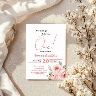 Cute Watercolor Pink Rose Baby Girl 1st Birthday Invitation