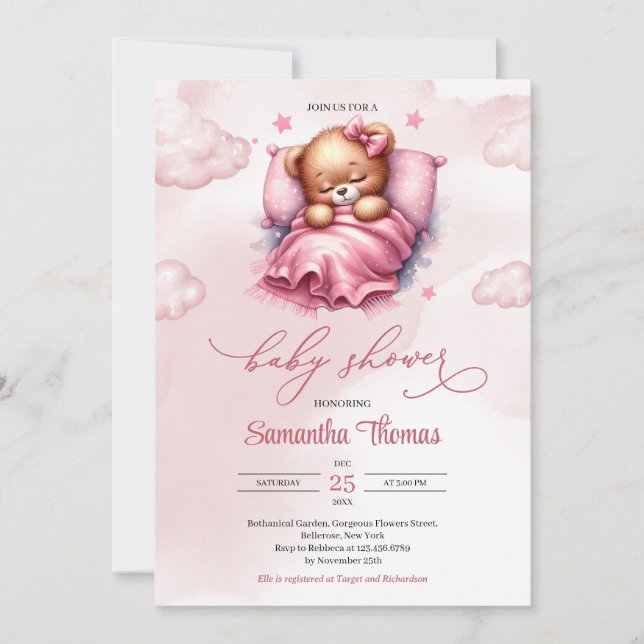 Cute Watercolor pink sleeping teddy bear at cloud Invitation (Front)