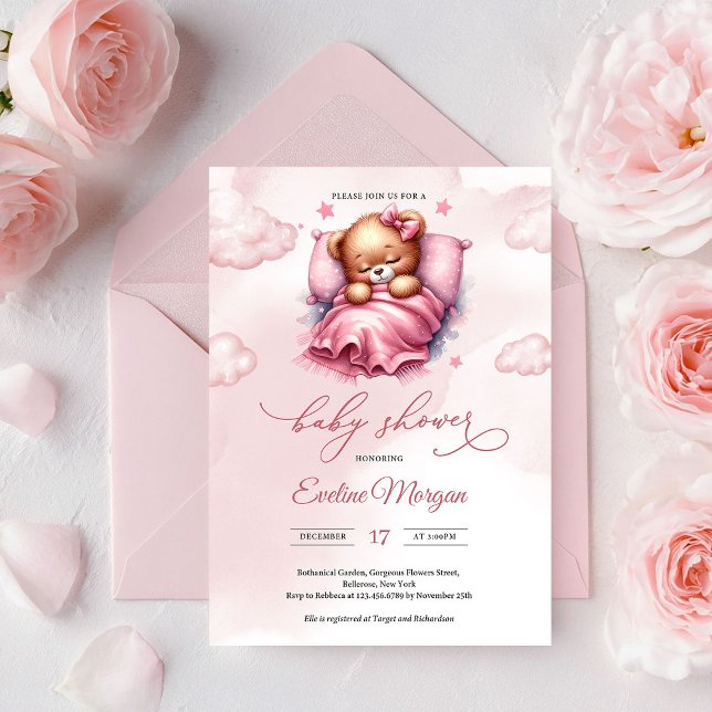 Cute Watercolor pink sleeping teddy bear at cloud Invitation (Cute Teddy Bear on Pink Cloud Baby Shower Invitation Editable Printable PDF Template)