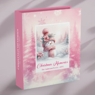 Cute Watercolor Pink Snowman Winter Scene Memory 3 Ring Binder
