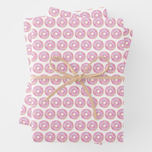 Cute Watercolor Pink Sprinkle Donuts Pattern Wrapping Paper Sheets