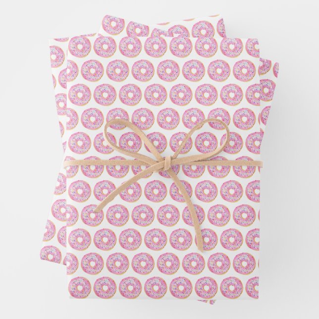 Cute Watercolor Pink Sprinkle Donuts Pattern Wrapping Paper Sheets (In situ)