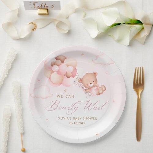 Cute Watercolor pink Teddy Bear Girl Baby Shower   Paper Plates