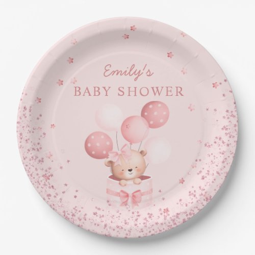 Cute Watercolor pink Teddy Bear Girl Baby Shower  Paper Plates