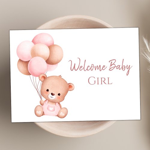 Cute Watercolor Pink Teddy Bear Welcome Baby Card
