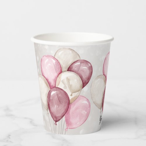 Cute Watercolor Pink White Balloons Party Paper Cups