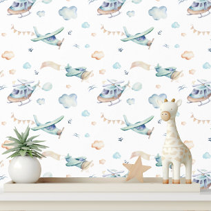 Cute Watercolor Planes Helicopters Clouds Boys Wallpaper