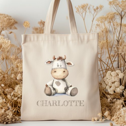 Cute Watercolor Plush Cow Personalized Kids Tote Bag