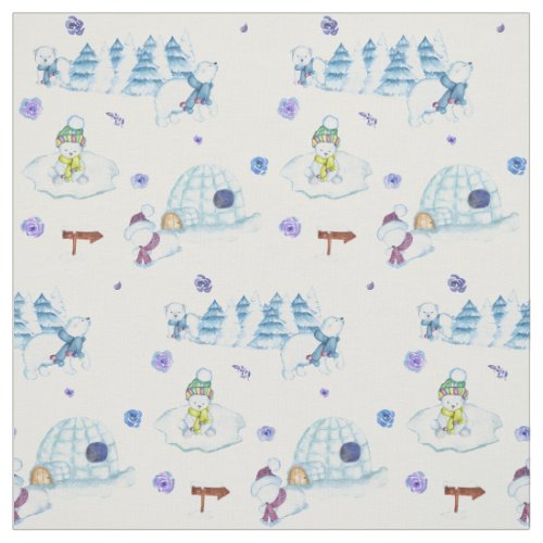 Cute Watercolor Polar Bear Christmas Pattern Fabric