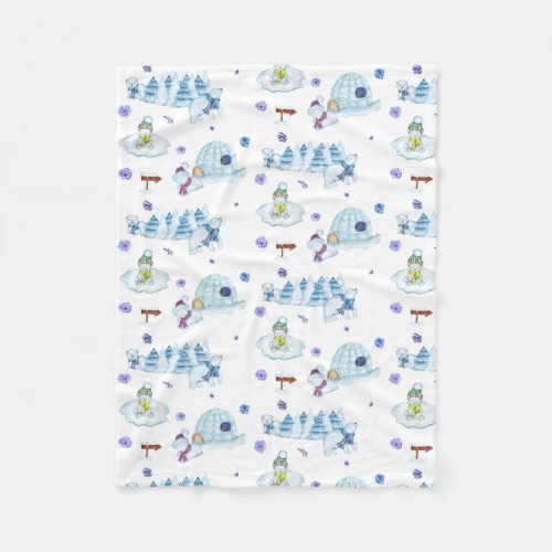 Cute Watercolor Polar Bear Christmas Pattern Fleece Blanket