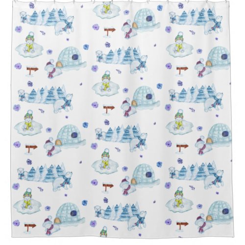 Cute Watercolor Polar Bear Christmas Pattern Shower Curtain