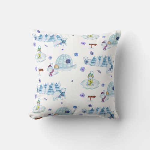 Cute Watercolor Polar Bear Christmas Pattern Throw Pillow