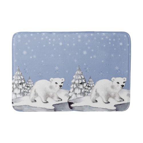 Cute Watercolor Polar Bear Pine Trees Christmas Bath Mat