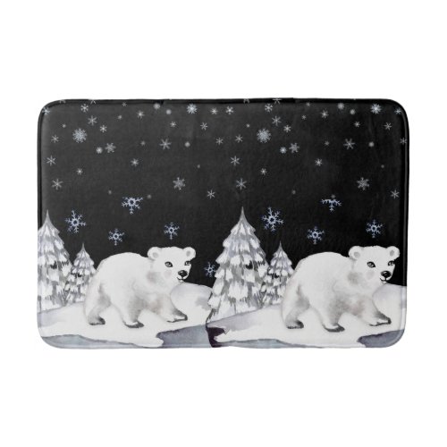 Cute Watercolor Polar Bear Pine Trees Snowflakes Bath Mat