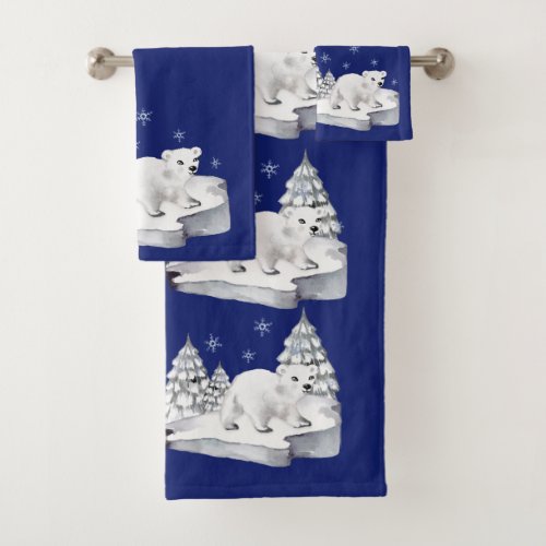 Cute Watercolor Polar Bear Pine Trees Snowflakes  Bath Towel Set