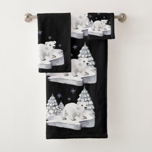 Cute Watercolor Polar Bear Pine Trees Snowflakes Bath Towel Set