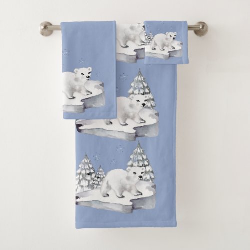 Cute Watercolor Polar Bear Pine Trees Snowflakes Bath Towel Set