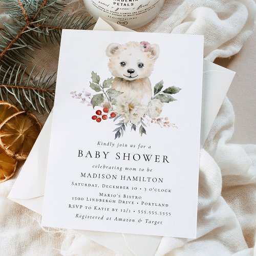 Cute Watercolor Polar Bear Winter Baby Shower Invitation