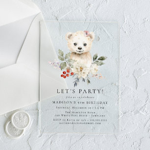 Cute Watercolor Polar Bear Winter Birthday Party Acrylic Invitations