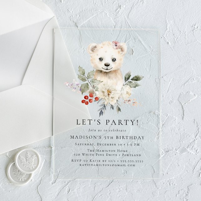 Cute Watercolor Polar Bear Winter Birthday Party Acrylic Invitations (Creator Uploaded)
