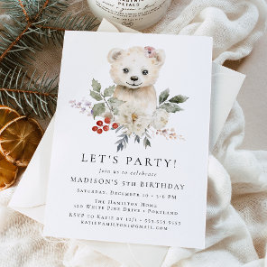 Cute Watercolor Polar Bear Winter Birthday Party Invitation