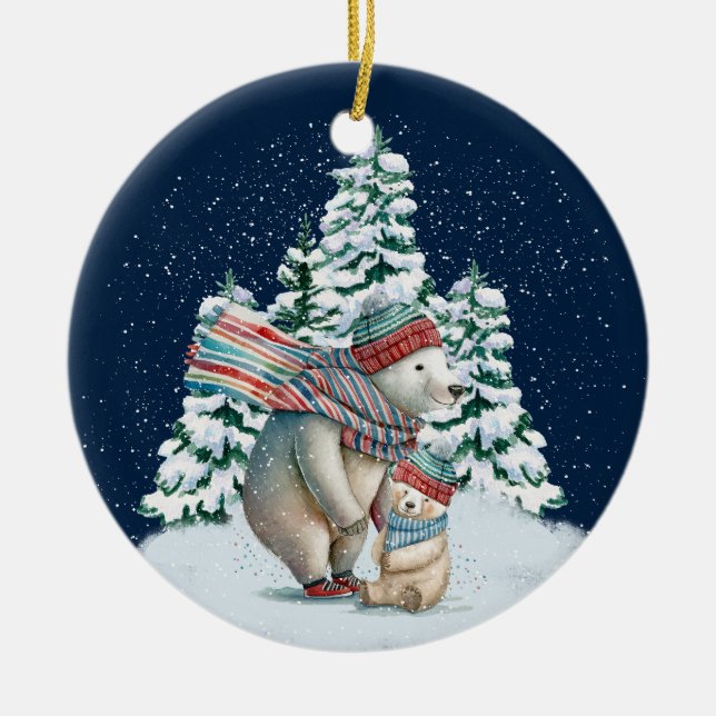 Cute Watercolor Polar Bears Ceramic Ornament (Front)