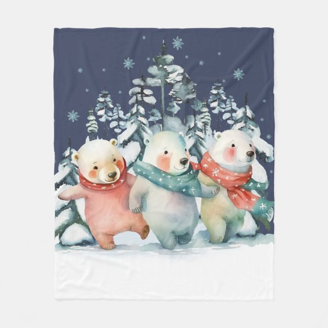 Cute Watercolor Polar Bears Fleece Blanket (Front)