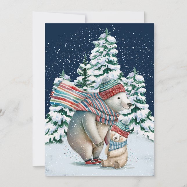 Cute Watercolor Polar Bears Holiday Card (Front)