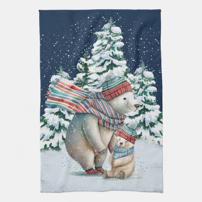 Cute Watercolor Polar Bears Kitchen Towel (Vertical)