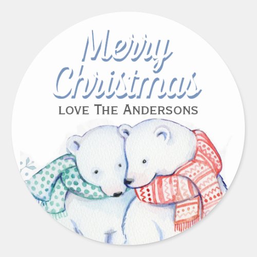Cute Watercolor Polar Bears Merry Christmas Classic Round Sticker