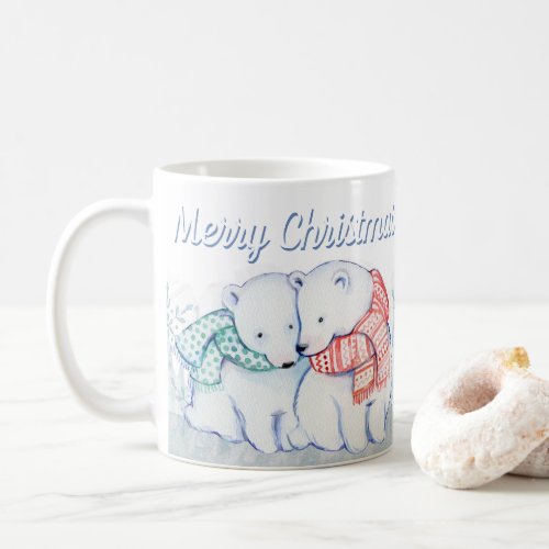 Cute Watercolor Polar Bears Merry Christmas Coffee Mug