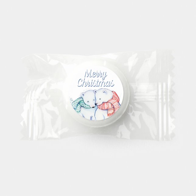 Cute Watercolor Polar Bears Merry Christmas Life Saver® Mints (Front)
